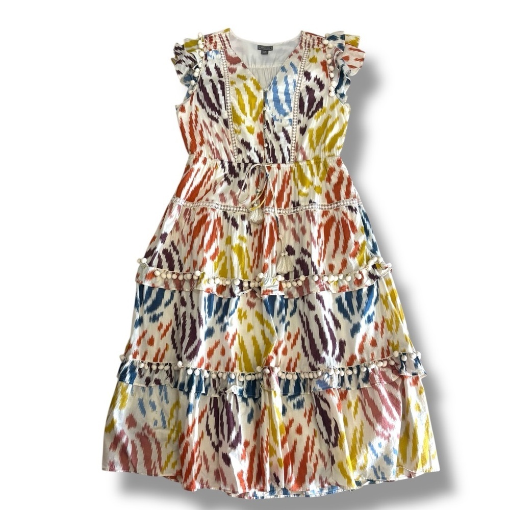 Point Sur J.Crew Cream Multi Color Pom Pom Tiered Midi Dress - Size 14 - Picture 2 of 11